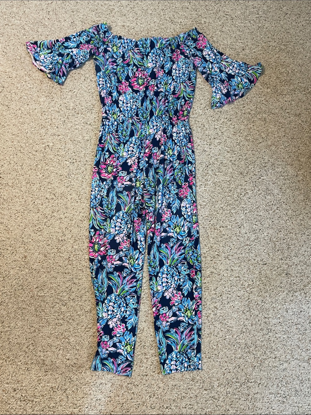 Lilly Pulitzer Navy Floral Off-Shoulder Jumpsuit with Pink & Light Blue Accents - Picture 7 of 10